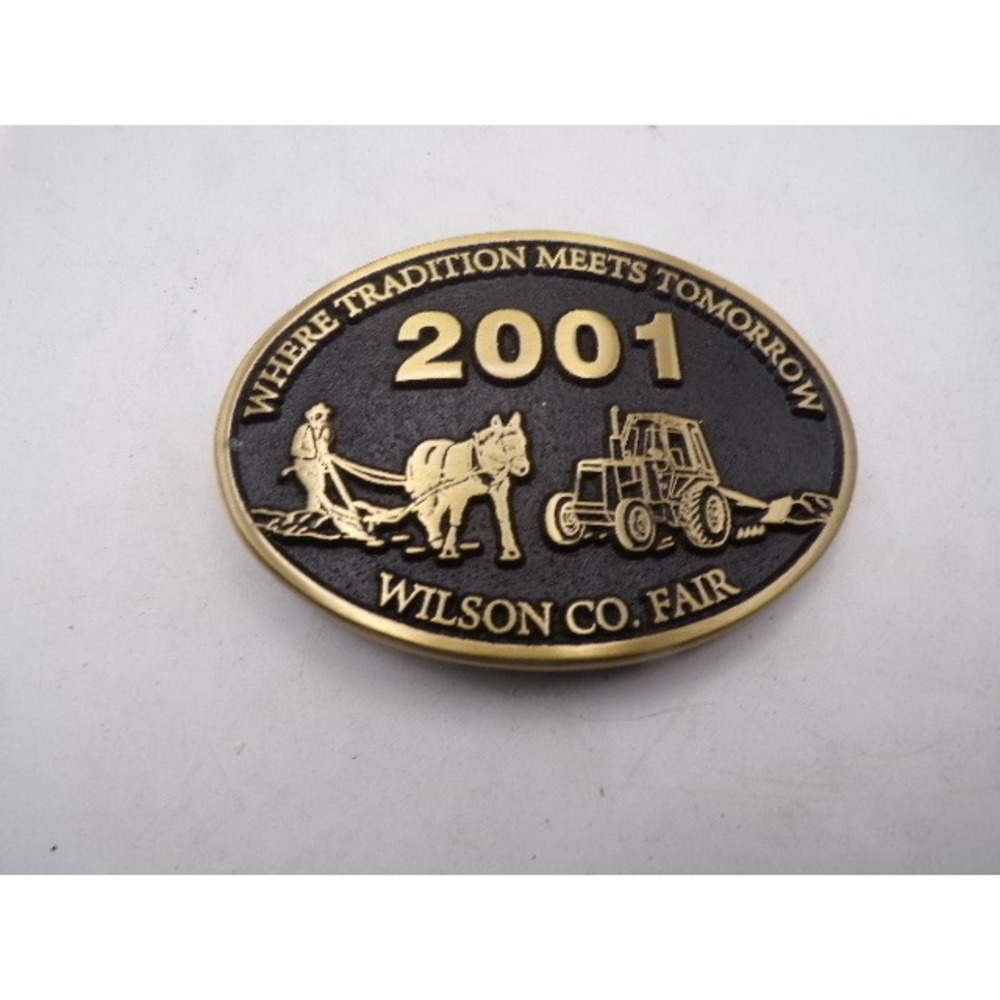 Vintage 2001 Wilson County Fair Belt Buckle Tractor Horse Agriculture Brass Tone